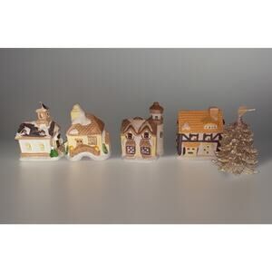 VTG Christmas Village Houses & Tree Approx 4.5”ea W Holes 4 Lights